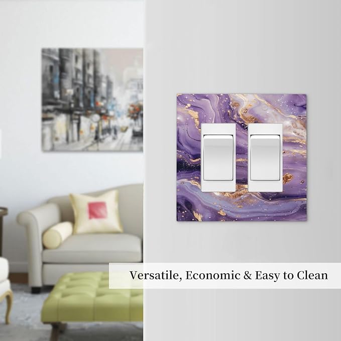 Luxury Marble Texture Purple And Gold Abstract Print Decorative Outlet Covers 2 Gang Double GFCI Rocker Electrical Wall Panels Light Switch Cover Plate for Bathroom Home Decor