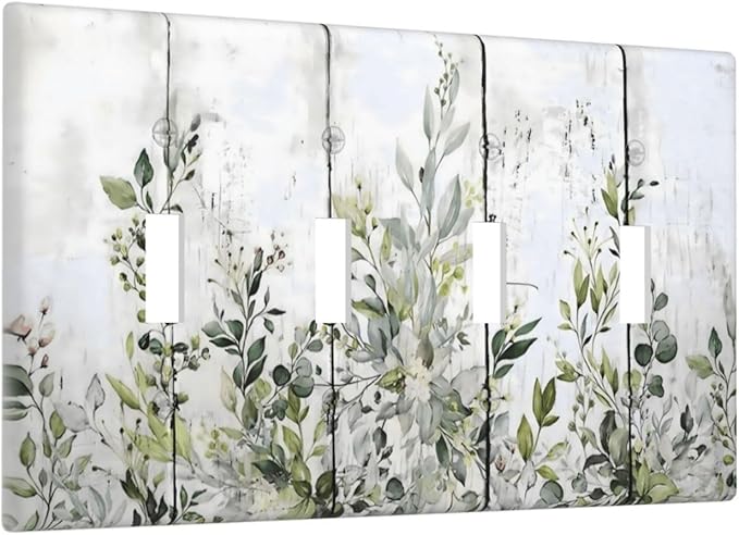 Sage Green Eucalyptus Rustic Country Botanical Leaf Flower Light Switch Covers Quad Toggle Electrical Faceplate 4 Gang Wall Plate Decorative Switch Plates Cover for Farmhouse Bedroom Decor