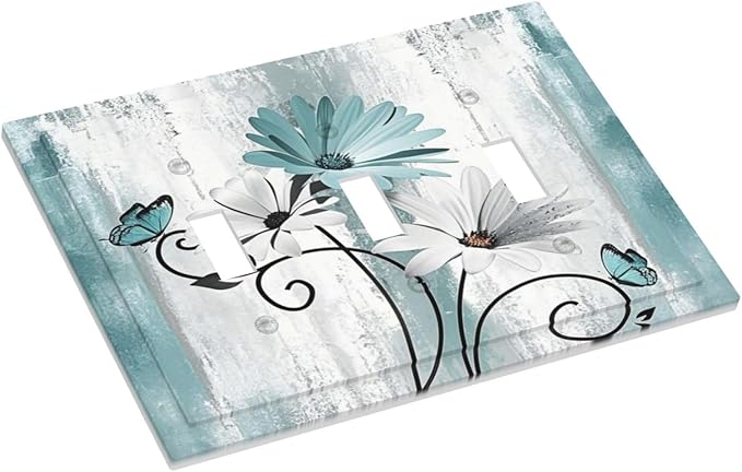 Light Switch Cover Plate Teal Daisy Floral Butterfly Vintage Wood 3 Gang Triple Toggle Decorative Switch Plates Wall Plates Electrical Switchplate Faceplate for Bathroom Bedroom Decor
