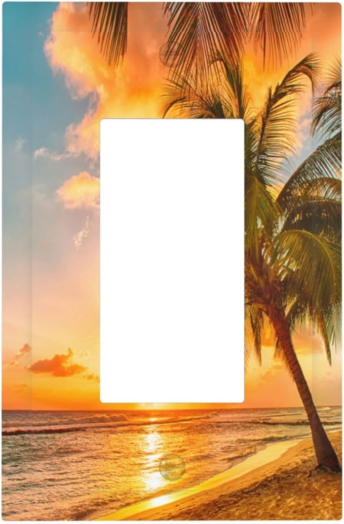 Outlet Covers Sunset Beach Palm Tree Seascape 1 Gang Wall Plate Single Rocker Light Switch Cover Tropical scenery Decorative GFCI Receptacle Cover Electrical Switchplate for Home Decor