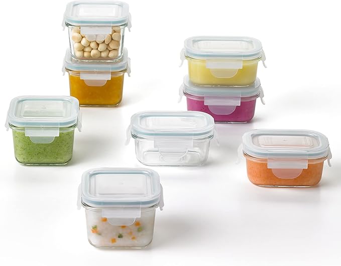 Glasslock Mini Reusable 5 Ounce Rectangular and 7 Ounce Square Tempered Glass Food Storage Container Set for Fridge and Freezer, 8 Piece Set