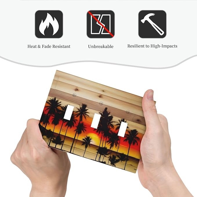 Sunset Beach Coconut Palm Tree Wooden Background Decorative Switch Plates 3 Gang Wall Plate Triple Toggle Light Switch Cover Faceplate Electrical Wall Panels for Bedroom Living Room Decor