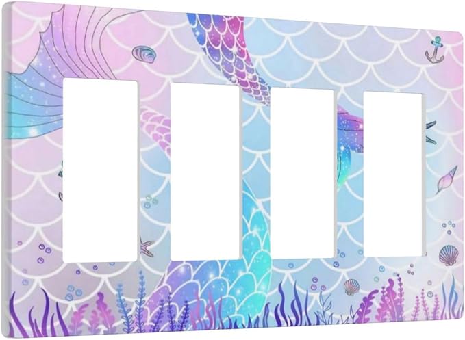 Cartoon Pink Girl Mermaid Scales Tail 4 Gang Quad Rocker/GFCI/Decorator Light Switch Cover Plate Decorative Electric Faceplate Decorative Switchplate Screwless