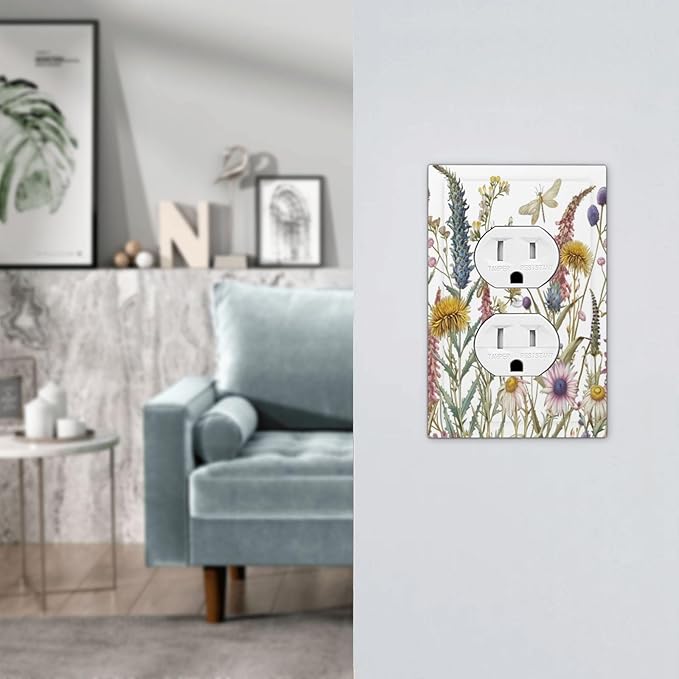 Decorative Outlet Covers Botanical Wildflowers Dragonfly Colorful Floral 1 Gang Duplex Light Switch Cover Plate Electrical Switch plates Wall Plates Receptacle Covers for Bathroom Bedroom