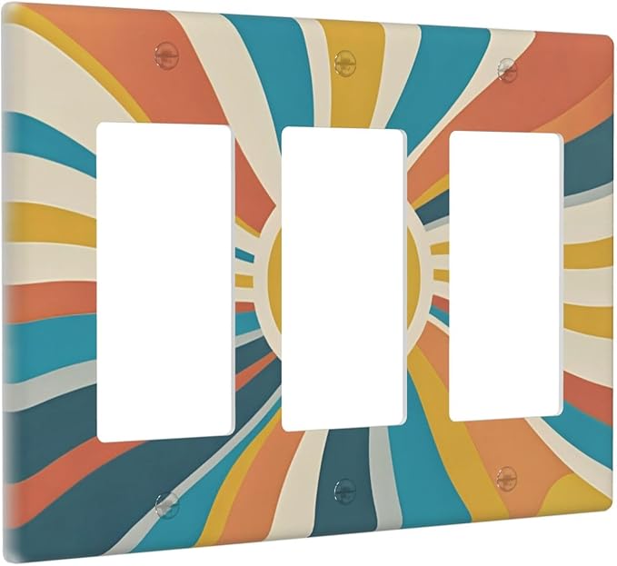 Decorative Light Switch Plate with Retro Mid-Century Modern Sunburst Motif Design 3 Gang Outlet Covers Triple Rocker Wall Plate Switch Plate Cover for Abstract Teal/Yellow/Orange Wall Decor
