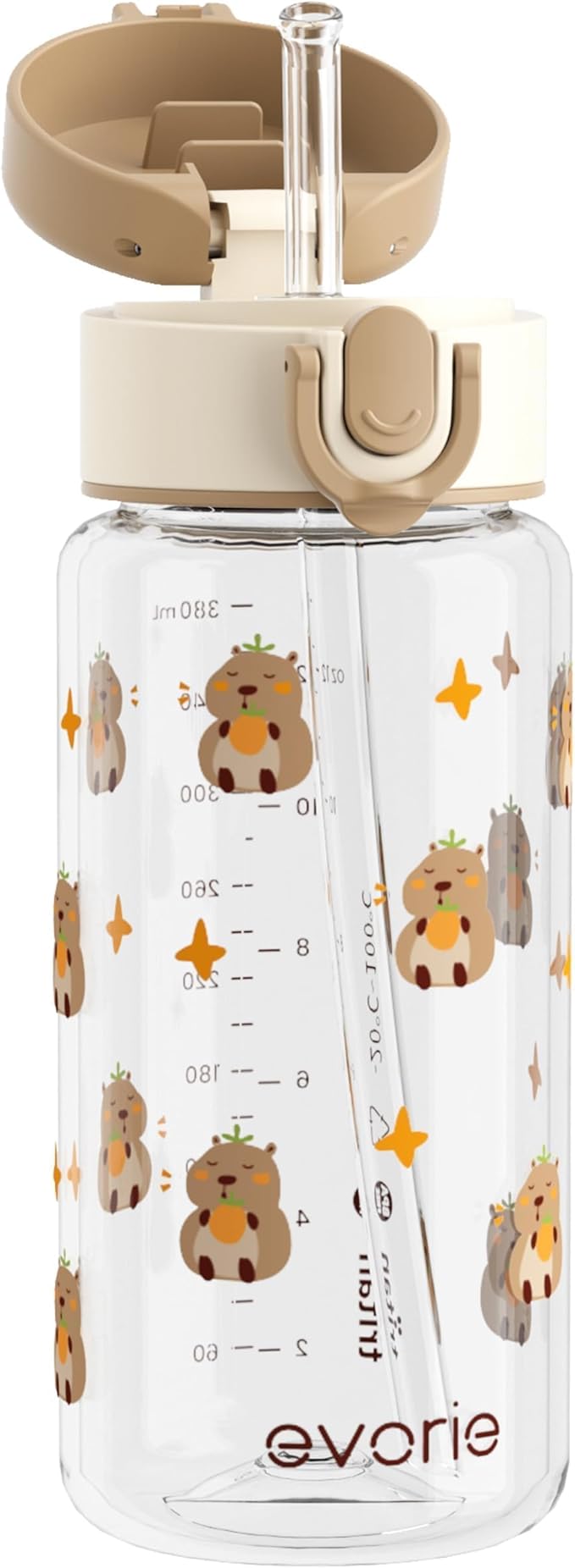 Evorie Tritan Kids Water Bottle with Straw, 13oz BPA-Free Leak Proof Drinking Bottle for School & Travel, Clear Water Bottle with Carry Strap, Dishwasher Safe, for Kids Ages 3+ (Capybara)