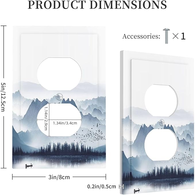 Outlet Covers Mountain Foggy Lake Boat Grey Blue Forest Birds 1 Gang Duplex Light Switch Cover Electrical Receptacle Faceplate Wall Plate Decorative Switch Plates for Bedroom living Room