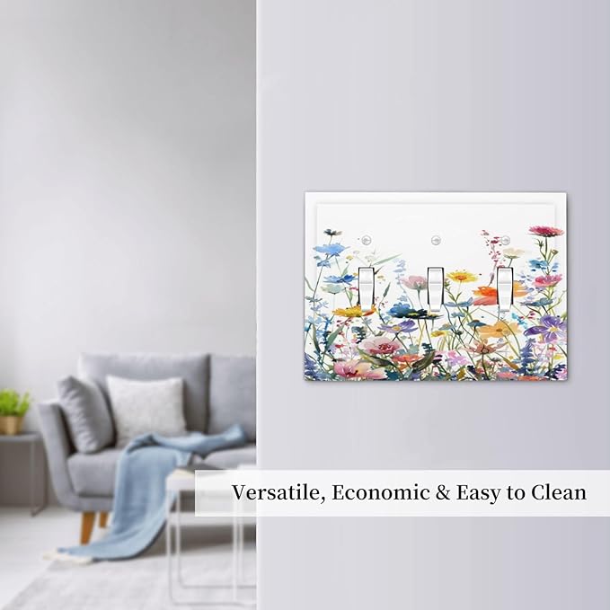 Watercolor Wildflowers Colorful Floral Plant Decorative Switch Plates 3 Gang Wall Plate Triple Toggle Light Switch Cover Faceplate Electrical Wall Panels for Bedroom Living Room Decor