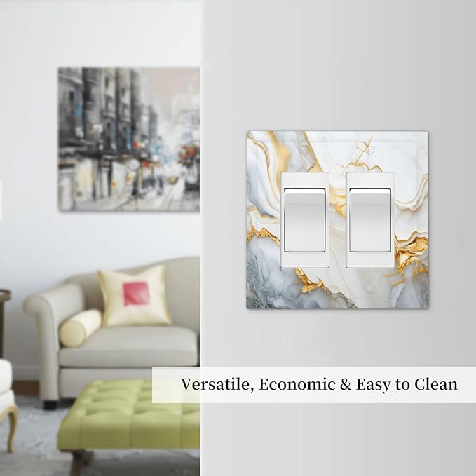 Exquisite White Gold Marble Abstract Luxurious Print Decorative Outlet Covers 2 Gang Double GFCI Rocker Electrical Wall Panels Light Switch Cover Plate for Bathroom Kitchen Decor