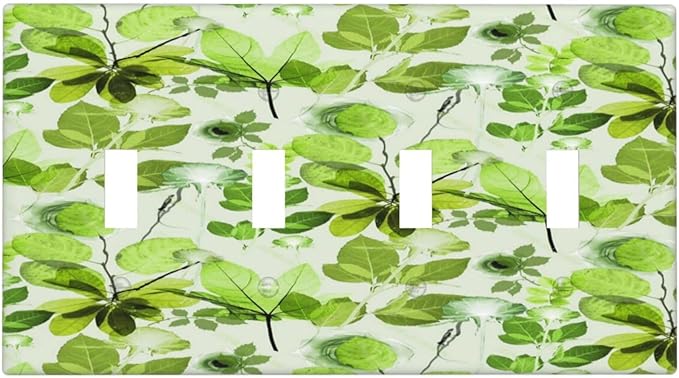 Green Leaves Spring Plant Floral Light Switch Covers Quad Toggle Electrical Faceplate 4 Gang Wall Plate Decorative Switch Plates for Bed Room Living Room Decor