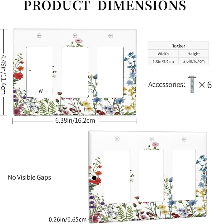 Decorative Light Switch Cover Plate Colorful Wildflowers Plants Flowers on White Background 3 Gang Switch Plate Covers Triple Rocker Wall Plates GFCI Switch Plates and Outlet Covers for Home Decor