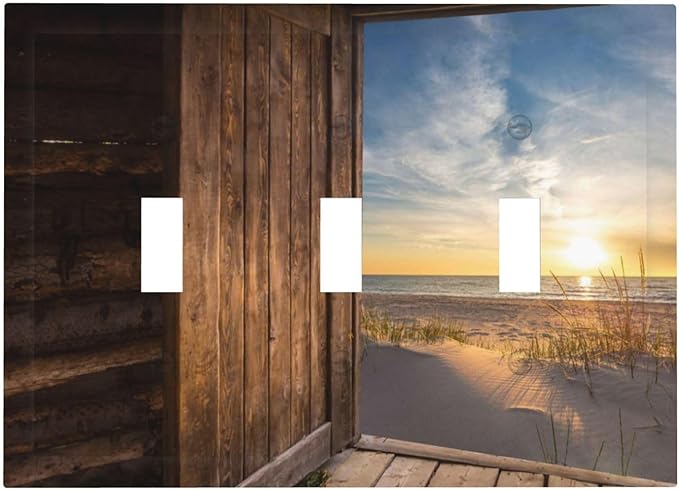 Sun Beach Grass Ocean Landscape Triple Toggle Light Switch Cover 3 Gang Wall Plate Decorative Farmhouse Western Brown Barn Door Electrical Facplate for Bathroom Kitchen Home 6.7" x 4.8"