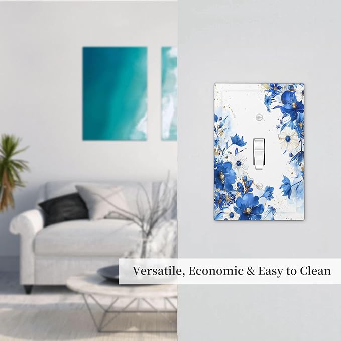Klein Blue Flowers Watercolor Golden White Floral Decorative Light Switch Cover 1 Gang Single Toggle Device Electrical Faceplate Switchplates Decorator Outlet Wall Plate for Bedroom Living Room Decor