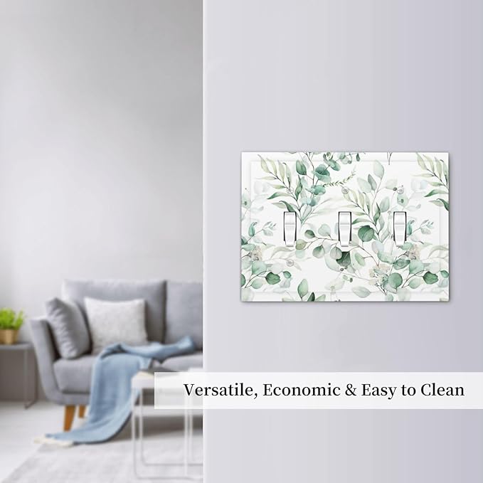 Boho Green Eucalyptus Leaf Floral Plants Flowers Decorative Switch Plates 3 Gang Wall Plate Triple Toggle Light Switch Cover Faceplate Electrical Wall Panels for Bed Room Living Room Decor