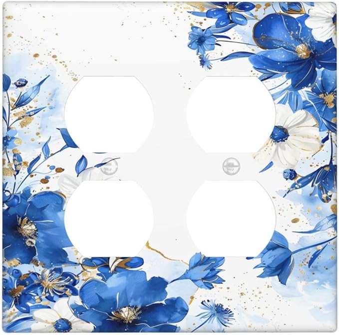 Klein Blue Flowers Watercolor Golden White Floral Outlet Covers 2 Gang Double Duplex Decorative Light Switch Covers Electrical Wallplates Socket Faceplate for Bedroom Living Room Decor