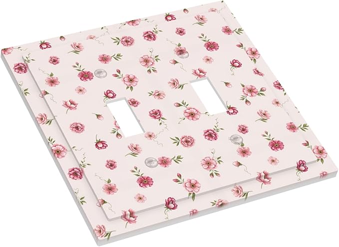 Pink Ditsy Floral Double Toggle Switch Cover - 2-Gang Standard US Size French Country Petite Floral Light Switch Covers, Vintage Shabby Chic for Girls Room