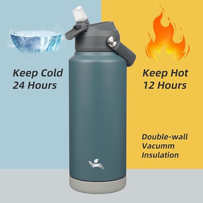 Konokyo Insulated Water Bottle with Straw Lid,32 oz Stainless Steel Vacuum Metal Bottle with Silicone Handle,Dark Gray