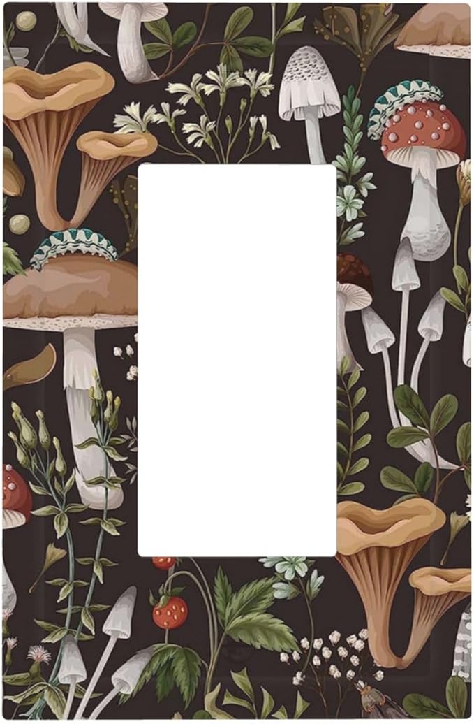 1 Gang Electrical Decora/GFCI Device Wallplate Funky Retro Vintage 70s 60s Boho Hippie Mushroom Botanical Floral Single Decorator Rocker Outlet Light Switch Cover Electrical Faceplate Dimmer
