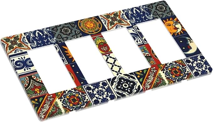 Boho Moroccan Mandala Mexican Tiles 4 Gang Quad Rocker Light Switch Cover Decorative Quadruple Device GFCI/Decorator Wall Plate Electric Faceplate Screwless