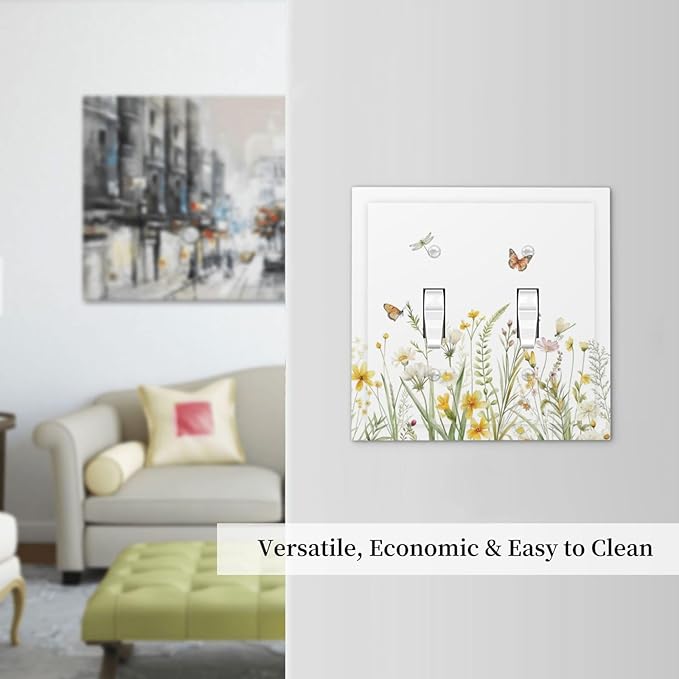 Colorful Wildflowers Dragonfly Butterfly Floral Decorative Switch Plates 2 Gang Double Toggle Outlet Light Switch Cover Wall Plate Electrical Faceplate for Bedroom Living Room Decor