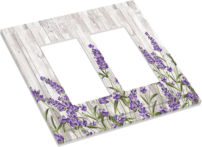 Purple Lavender Rustic Wooden Flowers Floral Plant Decorative Outlet Covers 2 Gang Double GFCI Rocker Electrical Wall Panels Light Switch Cover Plate for Farmhouse Living Room Decor