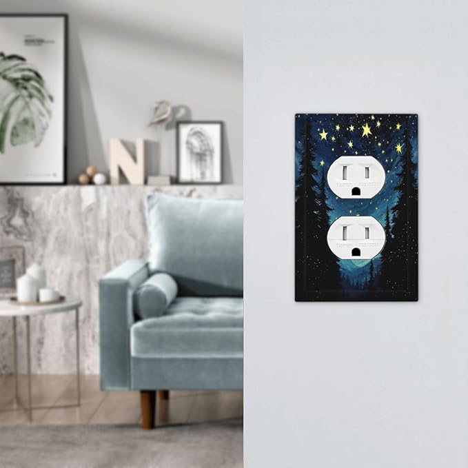 Outlet Covers Blue Starry Sky Forest Painted Star Pine Tree Oil Painting 1 Gang Duplex Electrical Receptacle Faceplate Light Switch Cover Wall Plate Decorative Switch Plates for Bedroom