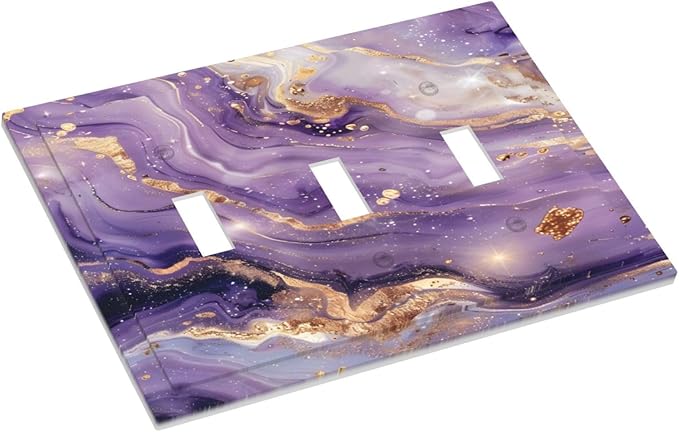 Abstract Purple Gold Marble Texure Luxurious Decorative Switch Plates 3 Gang Wall Plate Triple Toggle Light Switch Cover Faceplate Electrical Wall Panels for Bathroom Living Room Decor