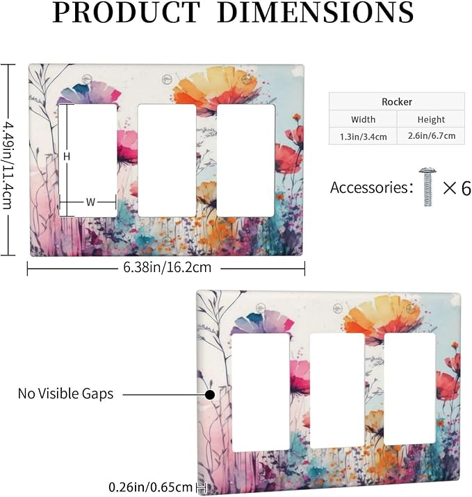 Triple Rocker Switch Cover Plates, Multicolor Floral Watercolor Flowers, GFCI Outlet Covers, Decorative Receptacle Cover for Bathroom, Home Decor