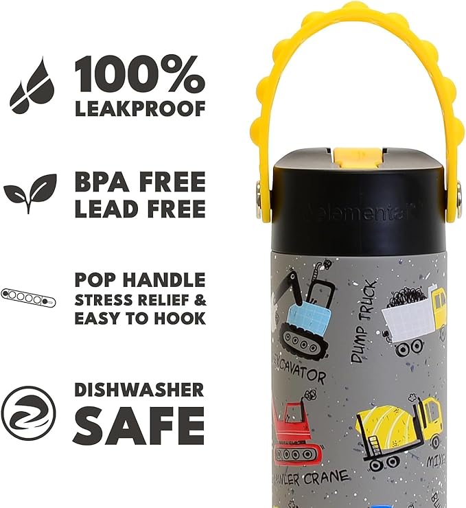 Elemental Insulated Kids Water Bottle, Stainless Steel Water Bottle with Straw Lid & Pop-It Handle, Leak-Proof Water Bottles for School, Boys or Girls, Travelling and Sports, 18oz - Construction