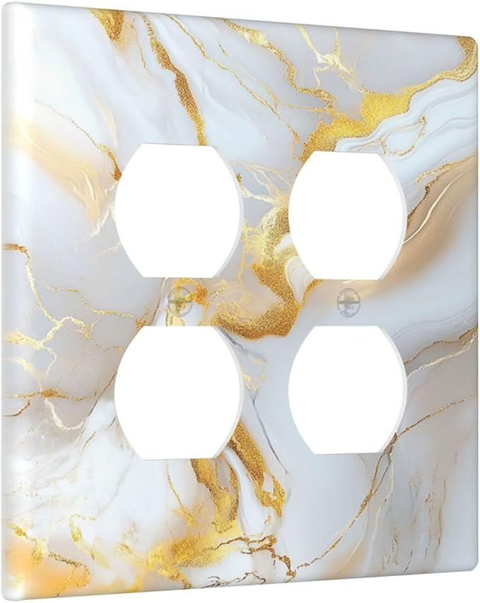 Decorative Outlet Covers Abstract Gold Marble Design with White & Gold 2 Gang Wall Plate Double Duplex Receptacle Light Switch Cover Switch Plate Cover for Modern Luxurious Decor