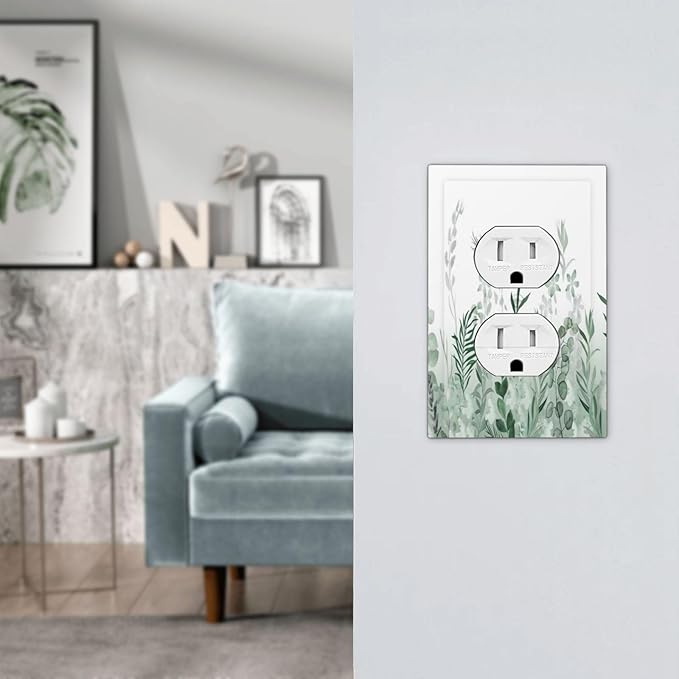 Watercolor Green Leaf Rustic Plant Eucalyptus Flowers Outlet Covers 1 Gang Duplex Light Switch Cover Decorative Switch Plates Electrical Receptacle Faceplate Wall Plate for Bed Room Living Room Decor