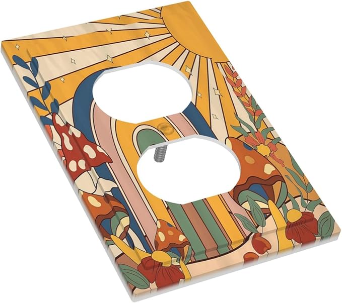 Outlet Covers Mushroom Hippie Sun Rainbow Vintage Floral Funky Boho 1 Gang Duplex Electrical Receptacle Faceplate Light Switch Cover Wall Plate Decorative Switch Plates for Bedroom
