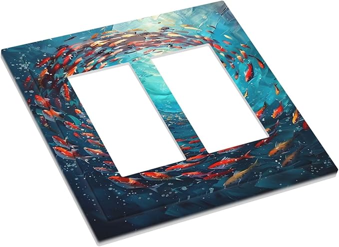 Ocean Fish School Of Fish Vortex Deep Sea Decorative Outlet Covers 2 Gang Double GFCI Rocker Electrical Wall Panels Light Switch Cover Plate for Kids Room Bedroom Decor