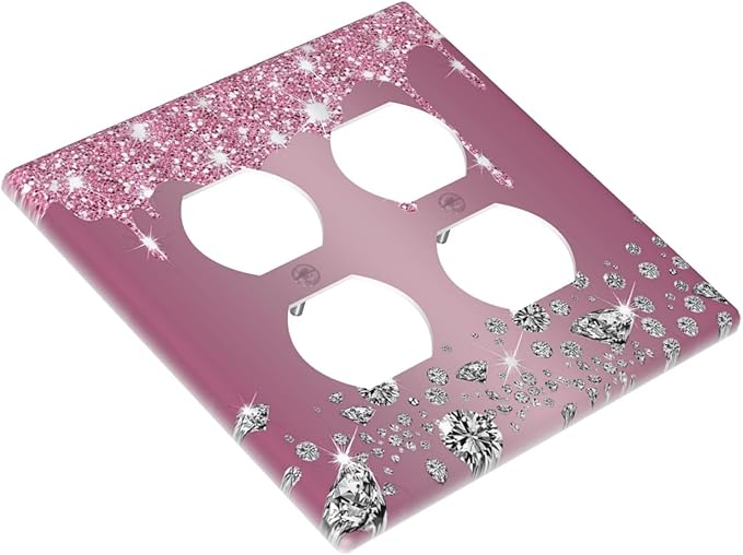 Decorative Outlet Covers Sparkling Diamonds Pink Silver Glitter Drops 2 Gang Wall Plate Cover Double Duplex Receptacle Two Switch Light Switch Cover Plate Jumbo Dual Face Plate