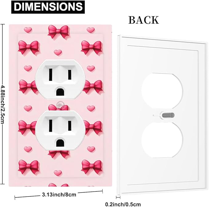 Pink Bow & Heart Duplex Wall Plate - 1-Gang Standard US Size Preppy Coquette Outlet Covers, Sweetheart Girly Pattern for Girls Room