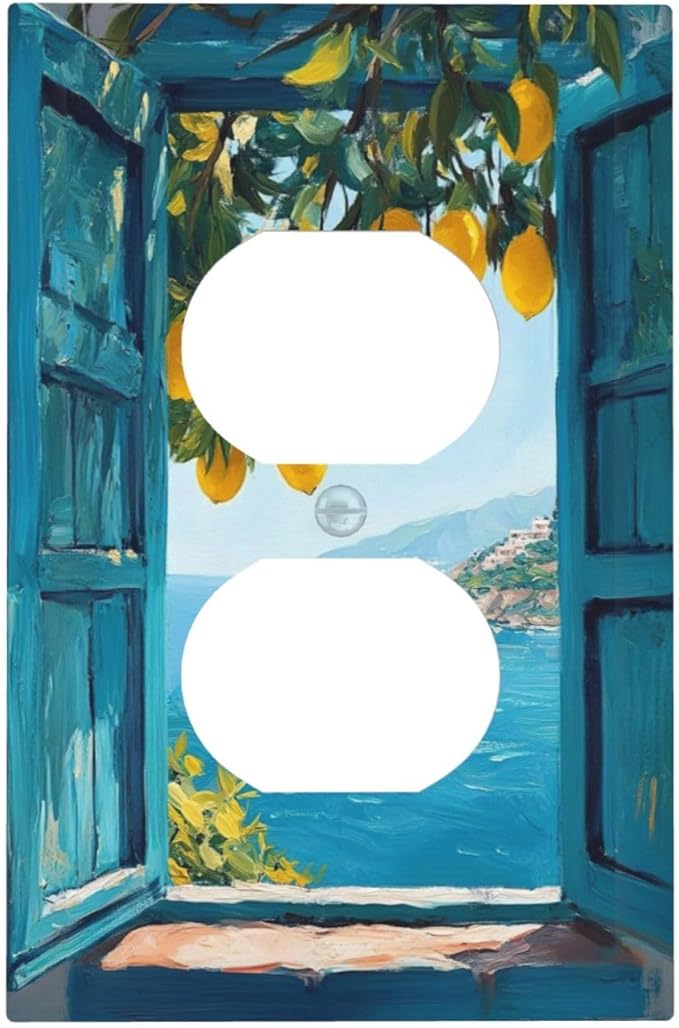 Window View Coastal Lemon Tree Mediterranean Landscape Outlet Covers 1 Gang Duplex Light Switch Cover Decorative Switch Plates Electrical Receptacle Faceplate Wall Plate for Bedroom Living Room Decor