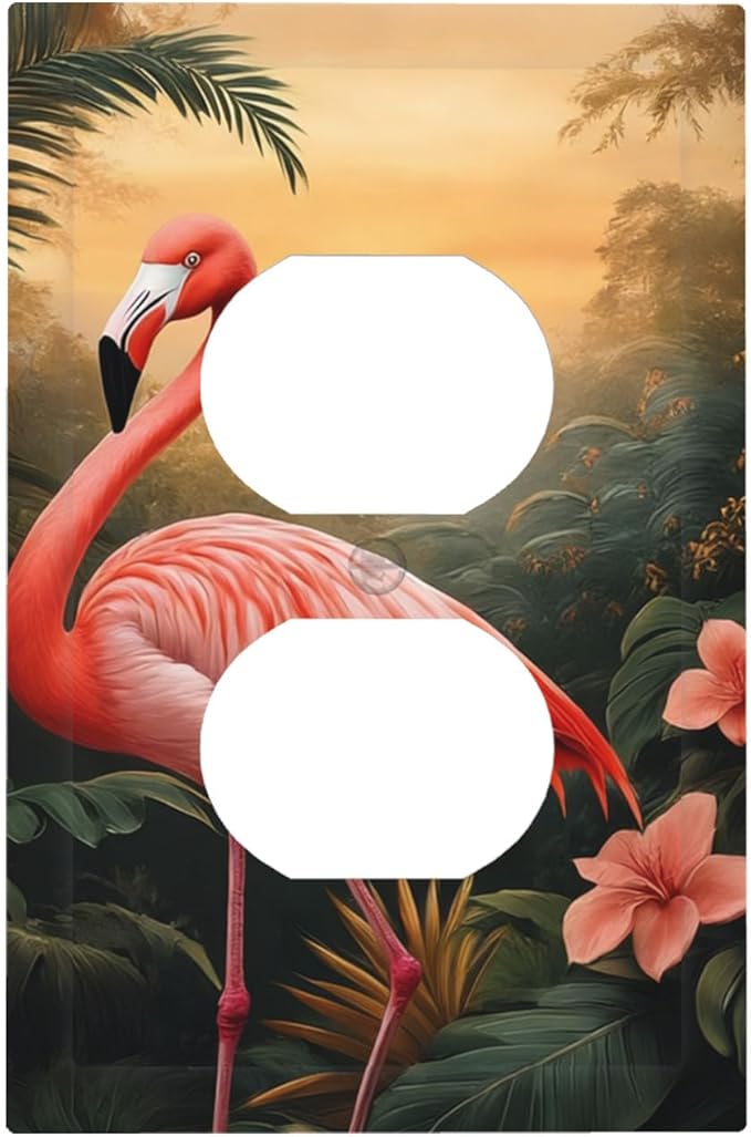 Tropical Flamingo Jungle Paradise Duplex Wall Plate - 1-Gang Standard US Size Exotic Jungle Escape Outlet Covers for Bathroom Decor