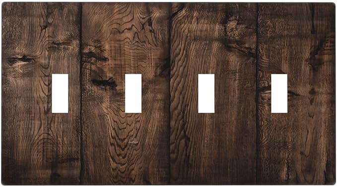 Rustic Brown Wood Plank Vintage Wooden Texture Print Light Switch Covers Quad Toggle Electrical Faceplate 4 Gang Wall Plate Decorative Switch Plates Cover for Farmhouse Home Decor