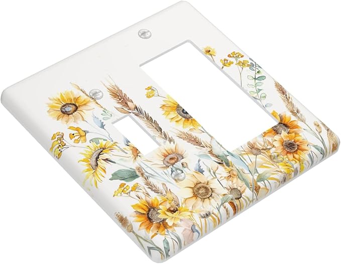 Yellow Floral Sunflowers Wheat Ears Watercolor Wild Flowers Outlet Covers 1 Toggle 1 Rocker Combination Decorative Wall Plate Electrical Switch Plates Light Switch Cover Plate for Bedroom Living Room