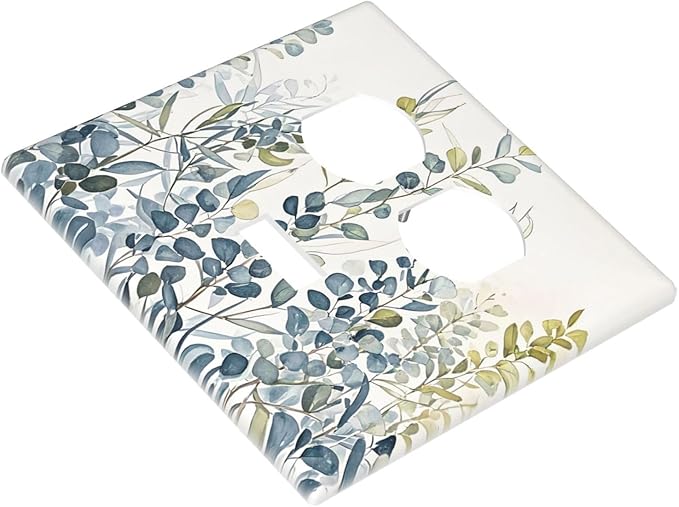 Decorative Switch Cover Plate with Green & Blue Watercolor Eucalyptus Botanical Foliage Design Toggle Duplex Wall Plate 2 Gang Light Switch Cover Outlet Covers for Contemporary Living Room