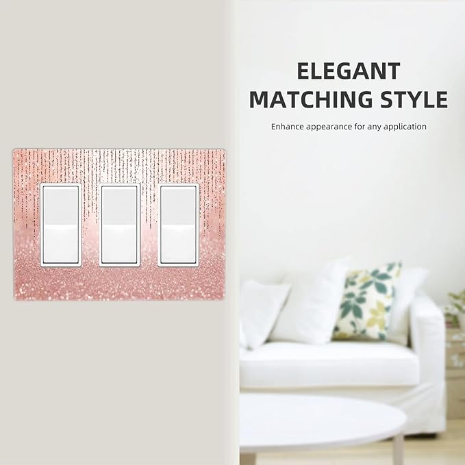 Pink Glittery Bling 3 Gang Triple Rocker/GFCI Light Switch Wall Plate Cover Decorative Electrical Faceplate for Kids Living Room Bedroom Decor Screwless 6.57" x 4.65
