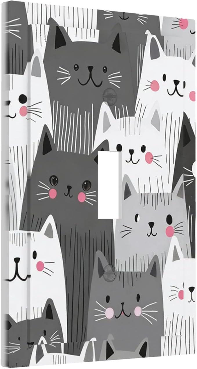 Cute Monochrome Cats 1-Gang Toggle Light Switch Plate, Funny Cat Decorative Wall Plate for Kids Bedroom