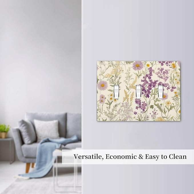 Watercolor Floral Leaves 3 Gang Light Switch Cover Small Purple Flowers Daisies Triple Toggle Wall Plate Decorative Electrical Faceplate for Country Bedroom Kitchen Living Room Home Decor