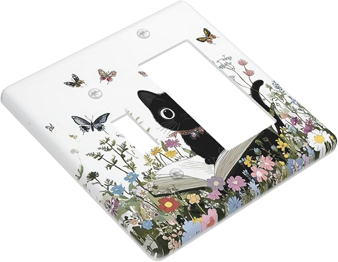 Outlet Covers Cute Cat Wildflowers Boho Flowers Floral 1 Toggle 1 Rocker Combination Decorative Wall Plate Electrical Switch Plates Light Switch Cover Plate For Nursery Kids Room Decor