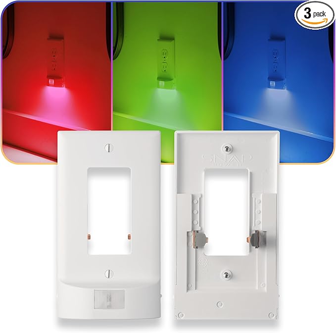 3 Pack - SnapPower Multi-Color GuideLight – Outlet Cover RGB Lights, Customizable Ambient Lighting/Mood Lighting for Home, Kitchen, Gaming Room, Kids Bedroom, Nursery, Holiday Decor (White, GFCI)
