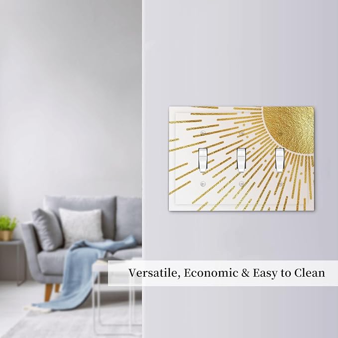 Mid Century Boho Gold Sun Abstract Sunrise Decorative Switch Plates 3 Gang Wall Plate Triple Toggle Light Switch Cover Faceplate Electrical Wall Panels for Kids Room Home Decor