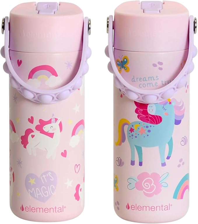 Elemental 100% Leak Proof When Spout is Closed Insulated Kids Water Bottle, Stainless Steel Bottle for School with Straw Lid & Pop-It Handle, Unicorn Rainbow & Unicorn Magic - 18oz (2 Pack)