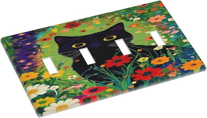 Decorative Art Light Switch Covers BlackCat&Flowers Quad Toggle 4 Gang Wall Plate Switch plate Electrical Faceplate for Home Decor