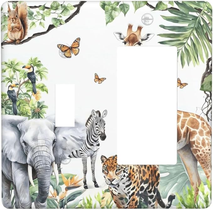 Elephant Giraffe Jungle Animals Leopard Zoo Outlet Covers 1 Toggle 1 Rocker Combination Decorative Wall Plate Electrical Switch Plates Light Switch Cover Plate for Kids Room Nursery Decor