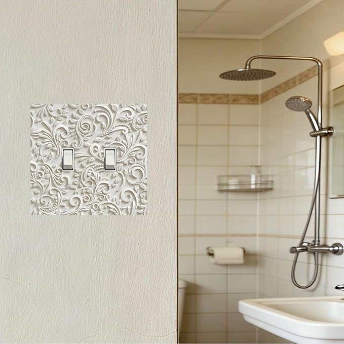 White Floral Vine 2-Gang Double Toggle Wall Plate, French Scroll Printed Pattern Light Switch Cover, Neutral Farmhouse Decor for Bedroom Bathroom Living Room